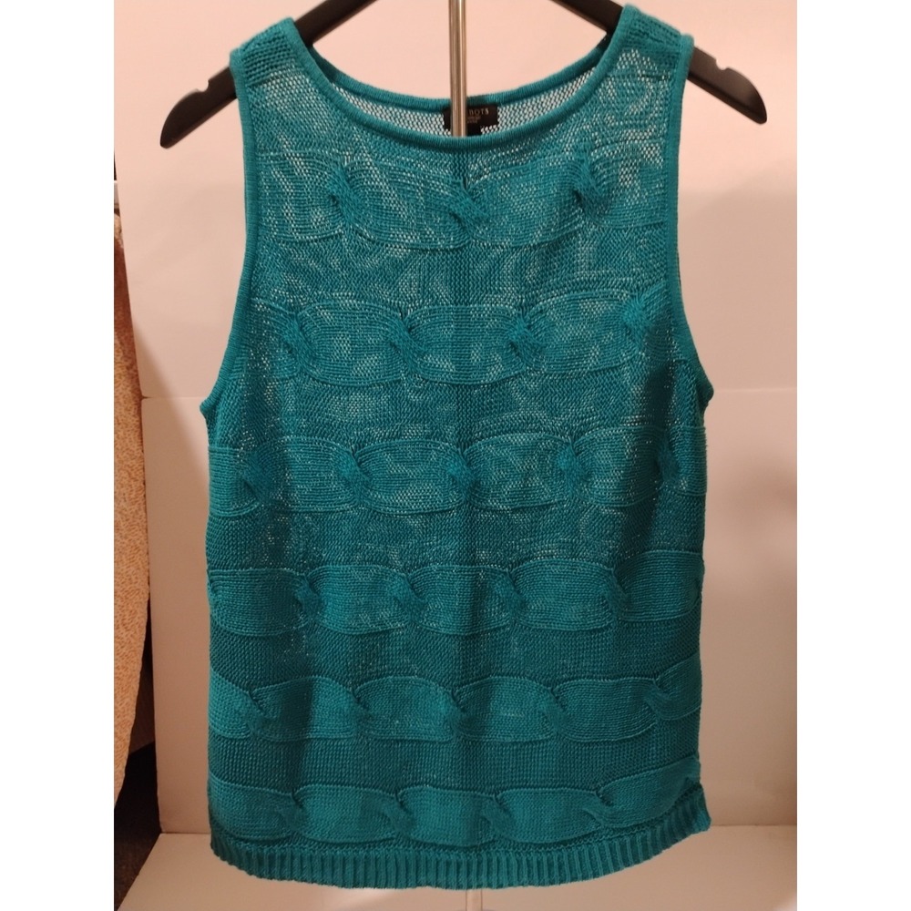 Talbots Sweater Women's Petitie M Linen Sleeveless Pullover‎ Top Teal Blue Cable